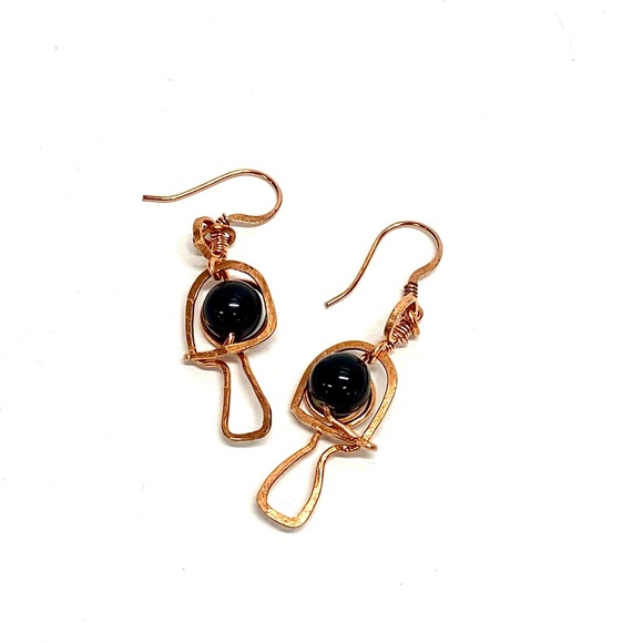 HANDMADE Mushroom Black Onyx and Hand Wrapped Bare Copper Dangle Earrings - Picture 6 of 9